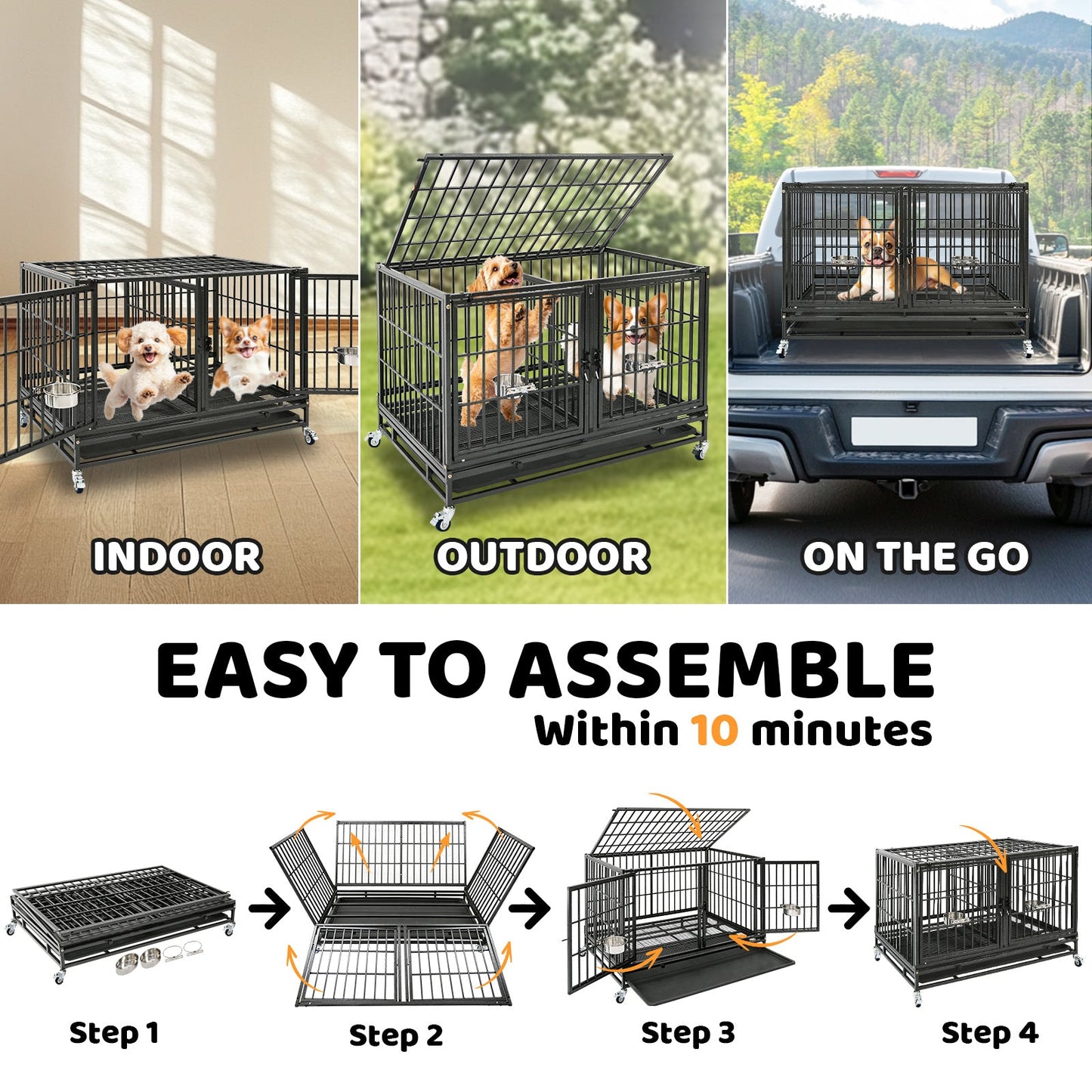 43" Heavy Duty 3 Tier Dog Crate | Stackable Steel Kennel with Dividers, Feeding Bowls & Lockable Wheels | Professional Grade