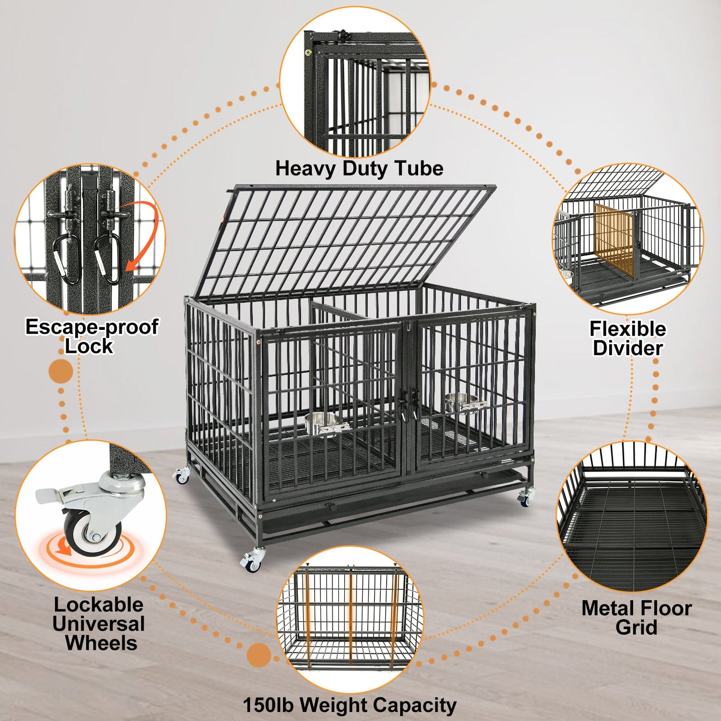 42 Inch Heavy Duty Dog Crate | Black Stackable Steel Pet Kennel on Wheels