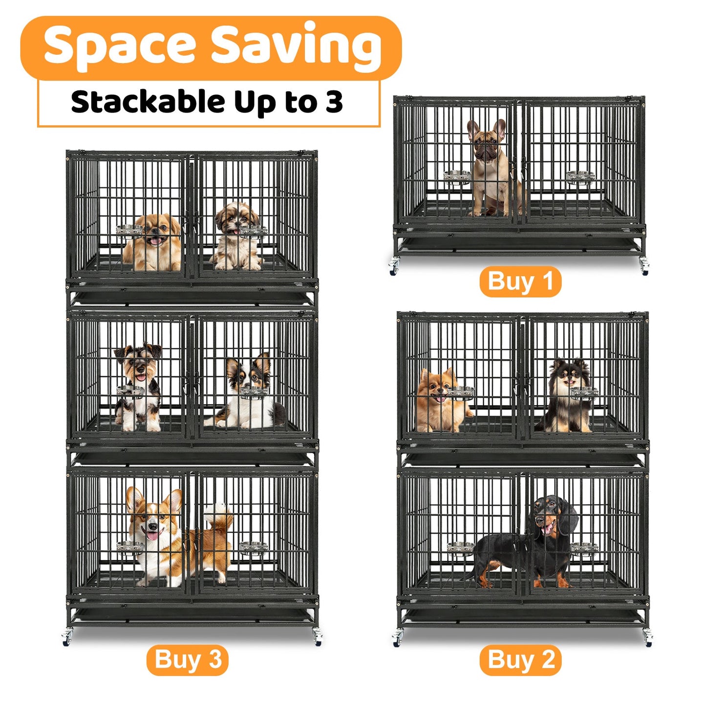 43" Heavy Duty 3 Tier Dog Crate | Stackable Steel Kennel with Dividers, Feeding Bowls & Lockable Wheels | Professional Grade
