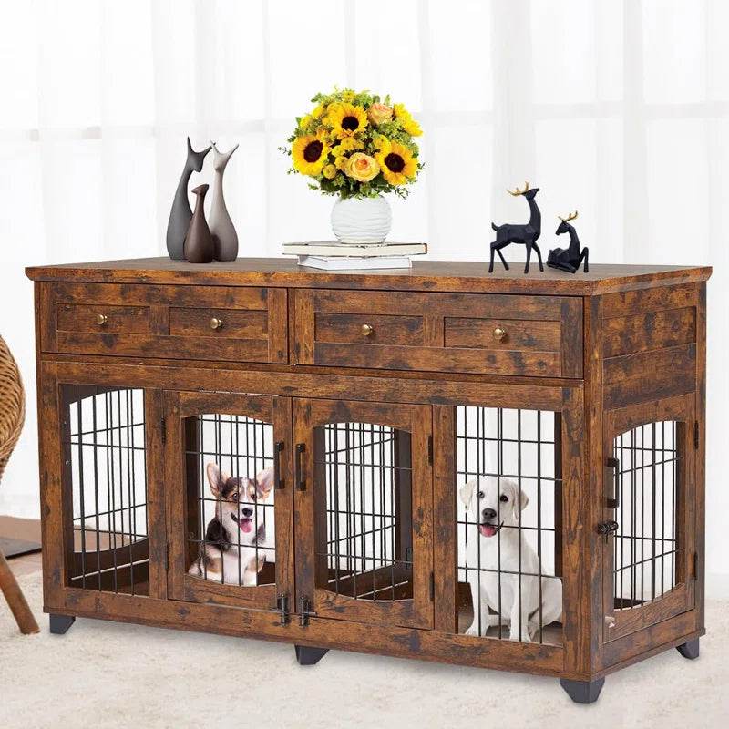 Dog Crate Furniture with Openable Partition | Double Door Wooden End Table Kennel with Drawers & Divider