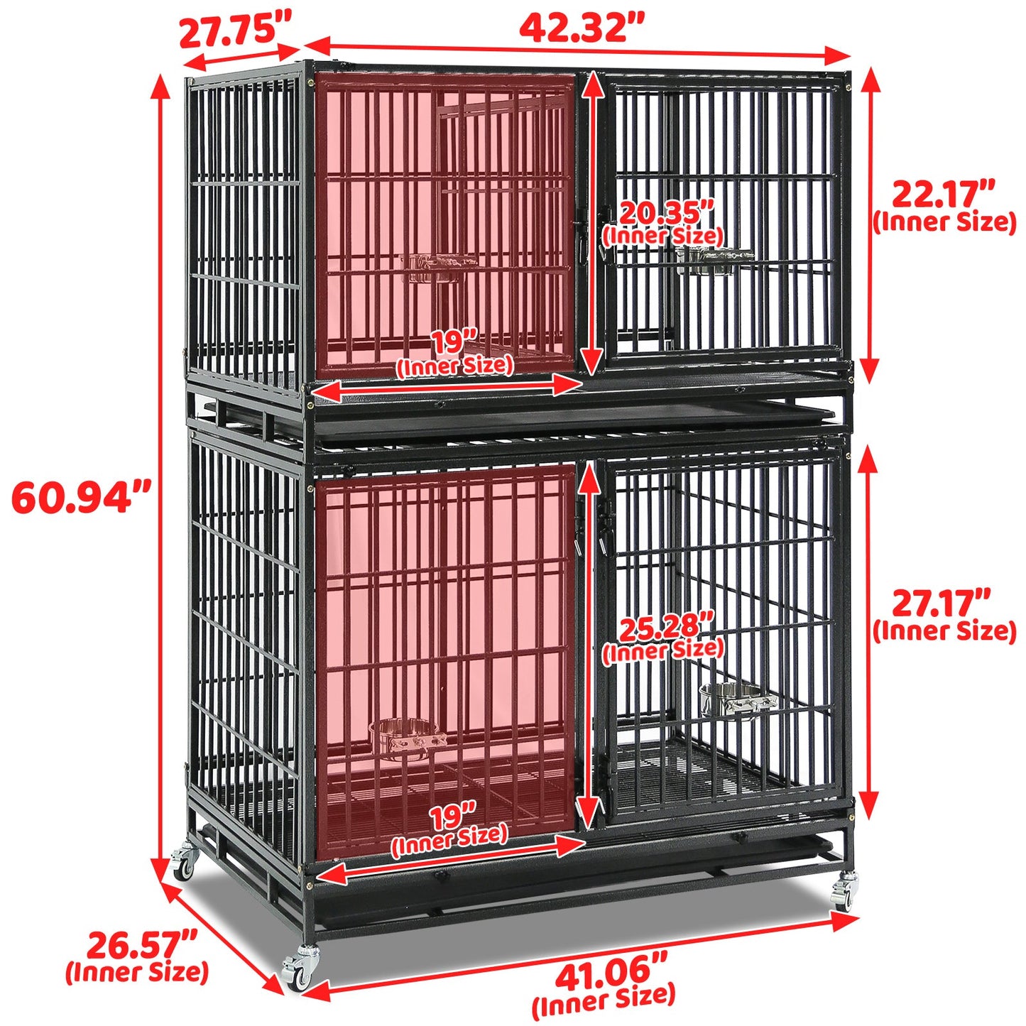 42 Inch Heavy Duty Dog Crate | Black Stackable Steel Pet Kennel on Wheels
