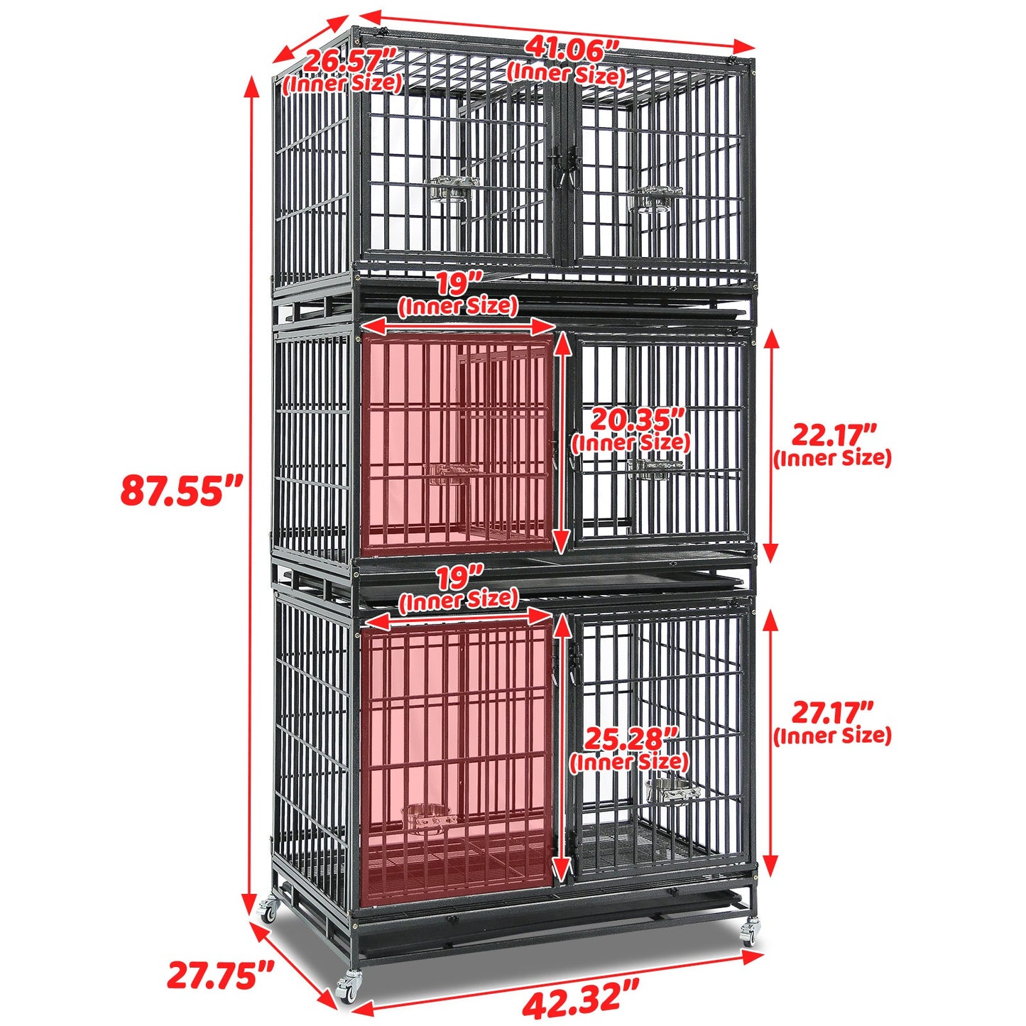 43" Heavy Duty 3 Tier Dog Crate | Stackable Steel Kennel with Dividers, Feeding Bowls & Lockable Wheels | Professional Grade