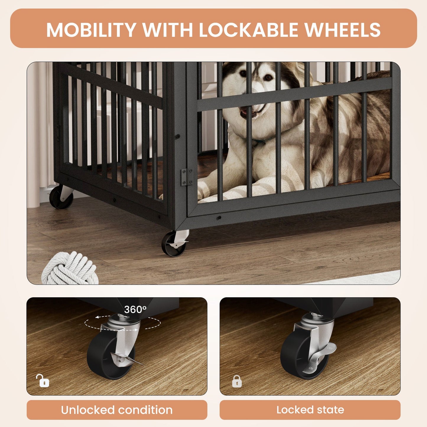 43" Furniture Style Dog Crate | Rustic Brown Dog Crate End Table on Wheels