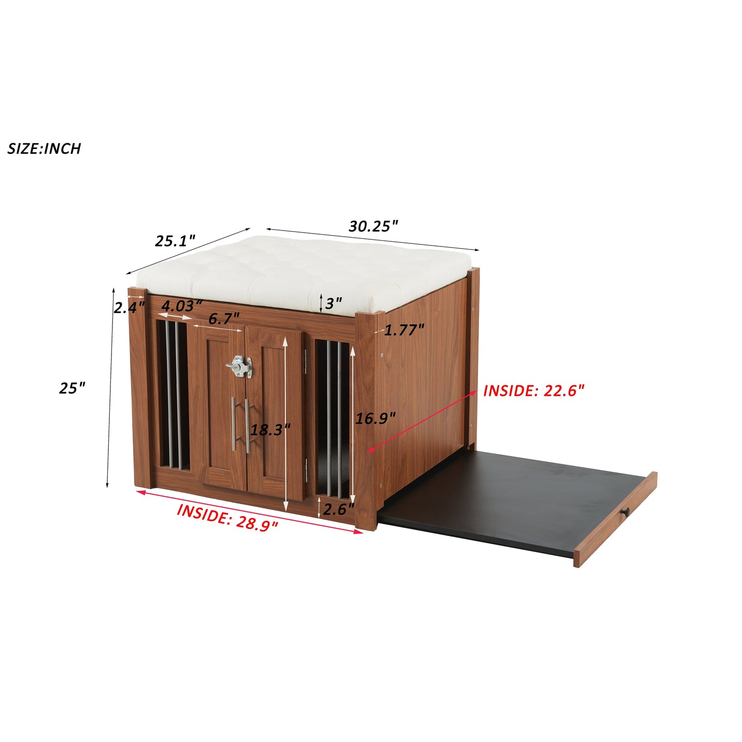 2-in-1 Dog Crate Ottoman with Bench | 30" Wooden Kennel (Walnut)