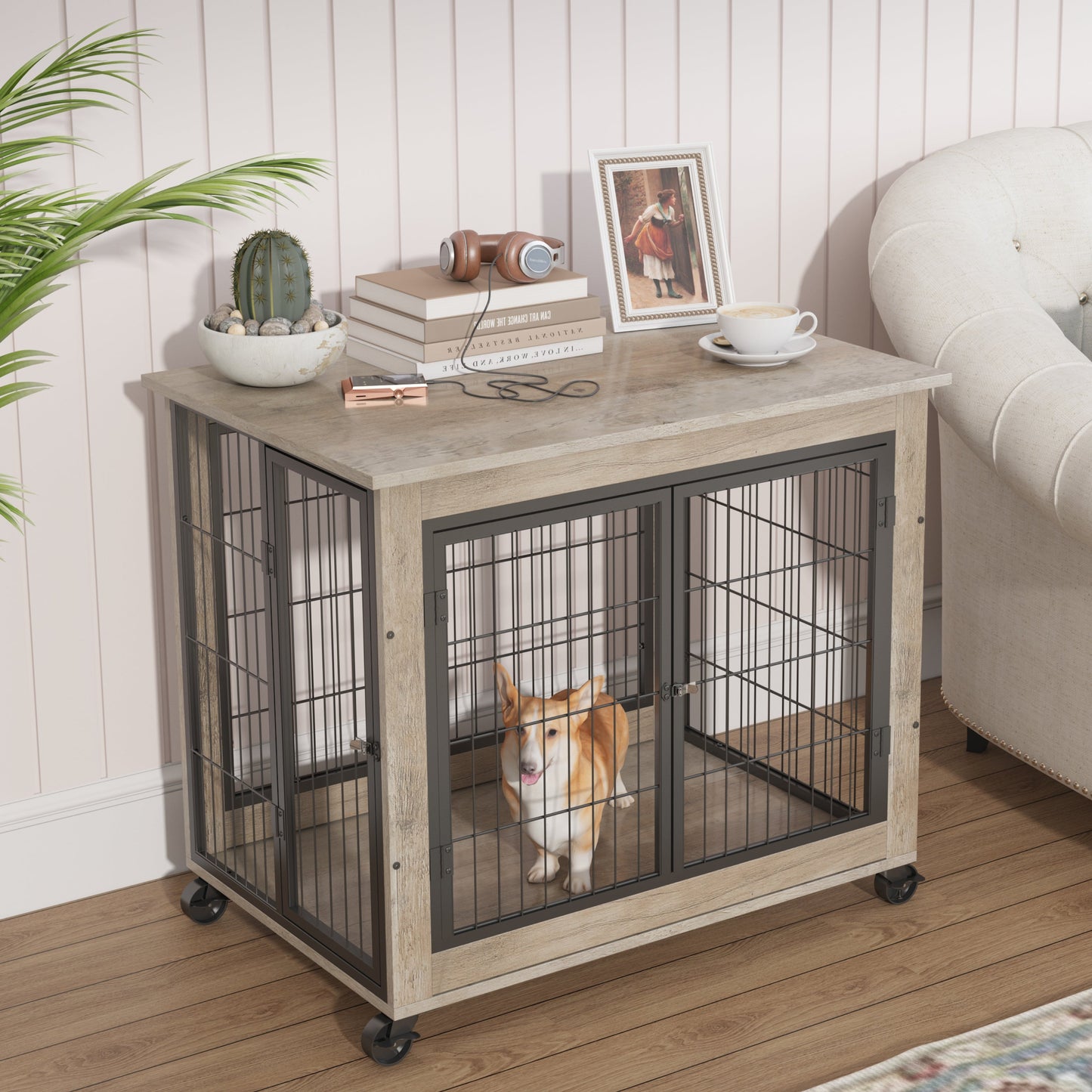 Furniture Style Dog Crate | Rolling 31.5" Indoor Kennel with Lift Top