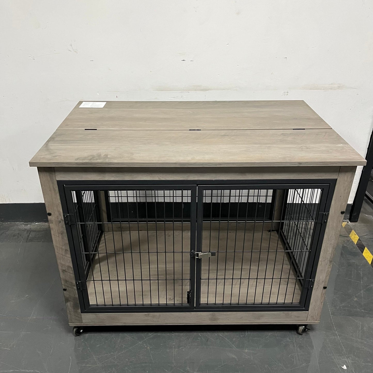 38" Grey Furniture Style Dog Crate on Wheels | Double Door Kennel Table