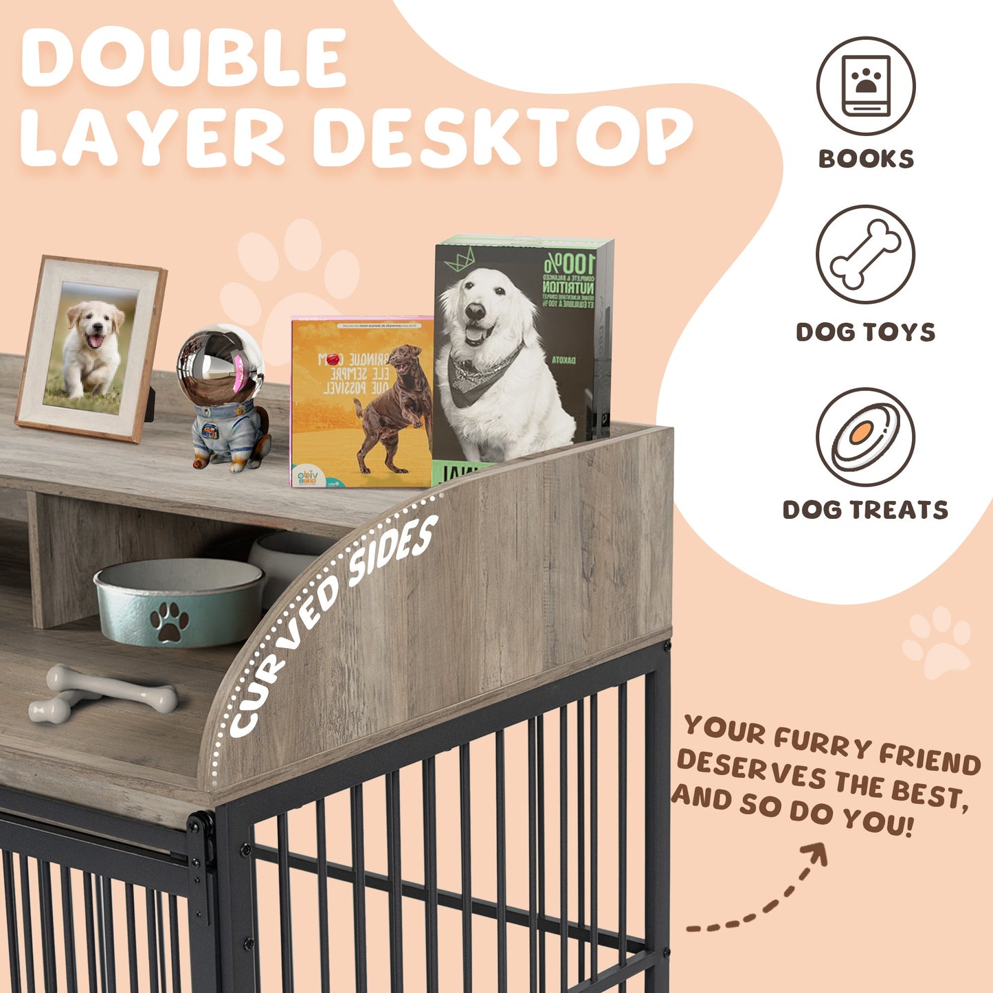 44" Heavy Duty Dog Crate Furniture with Wheels | Double Storage Pet Kennel (Gray)