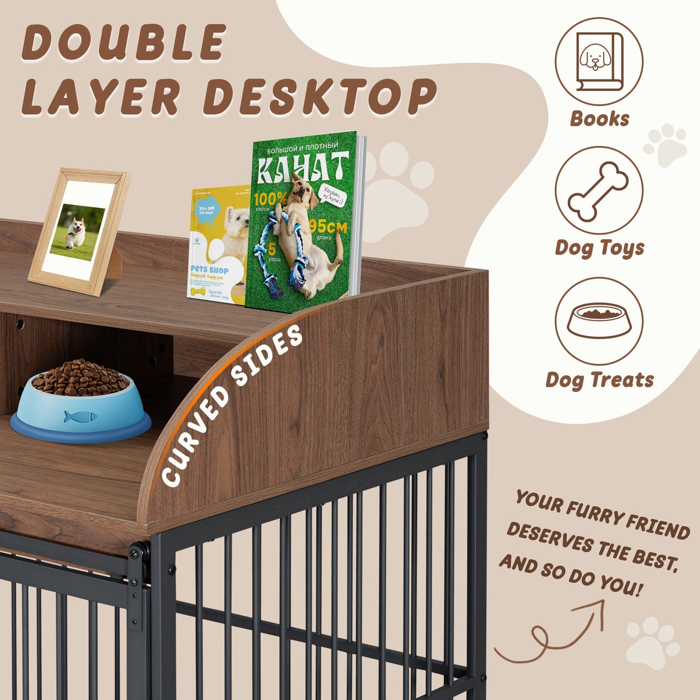 Large Dog Crate End Table | Sliding Barn Door Pet Kennel with Double Shelf Storage