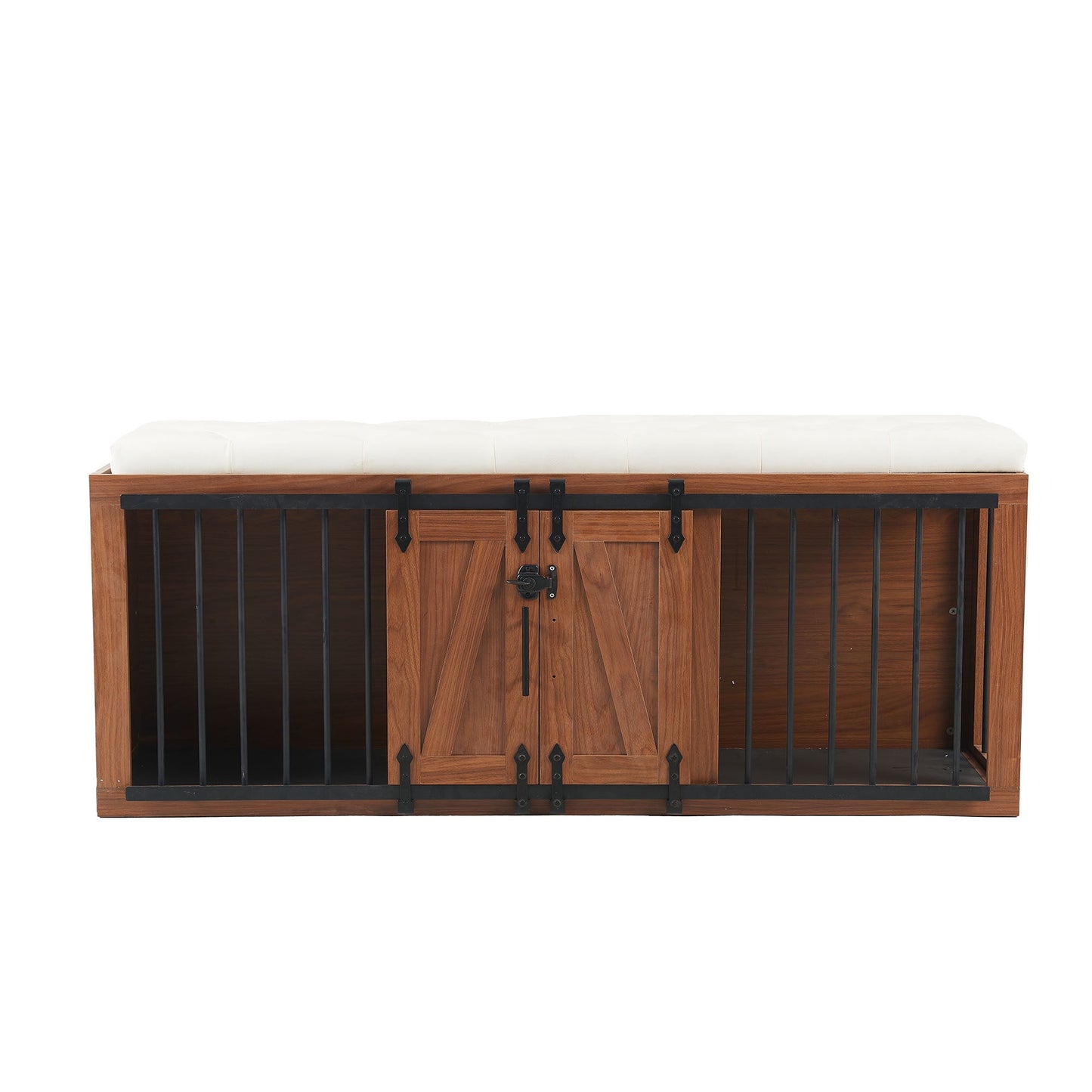 56" Furniture Style Dog Crate with Bench | Sliding Barn Door Kennel (Walnut)