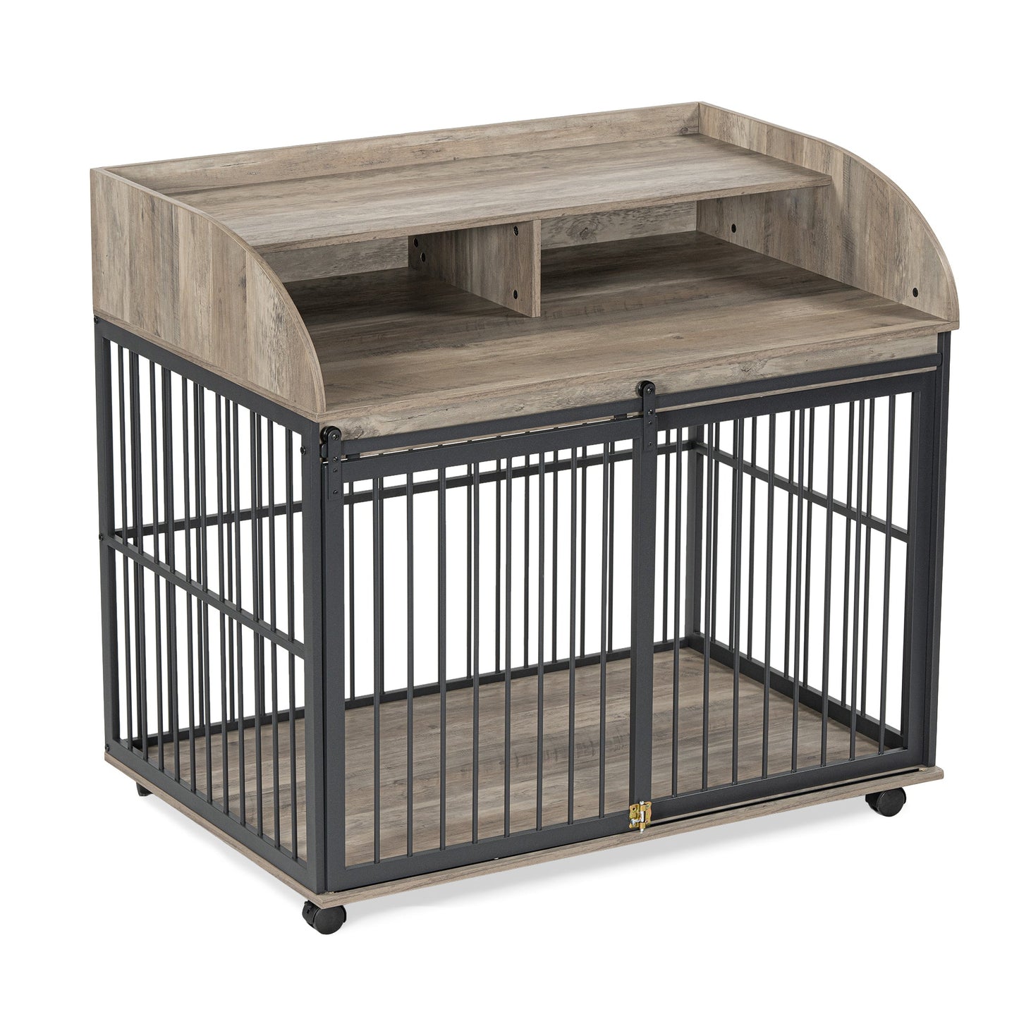 44" Heavy Duty Dog Crate Furniture with Wheels | Double Storage Pet Kennel (Gray)