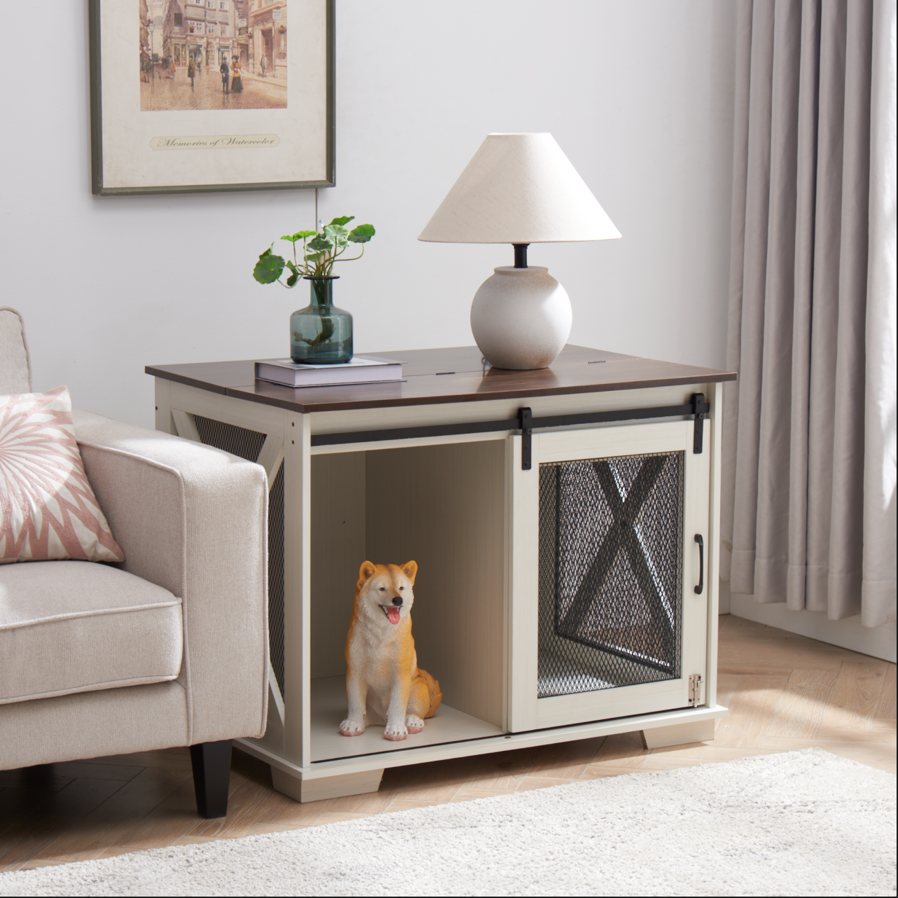 Farmhouse Dog Crate Furniture with Barn Door | Wooden Kennel End Table