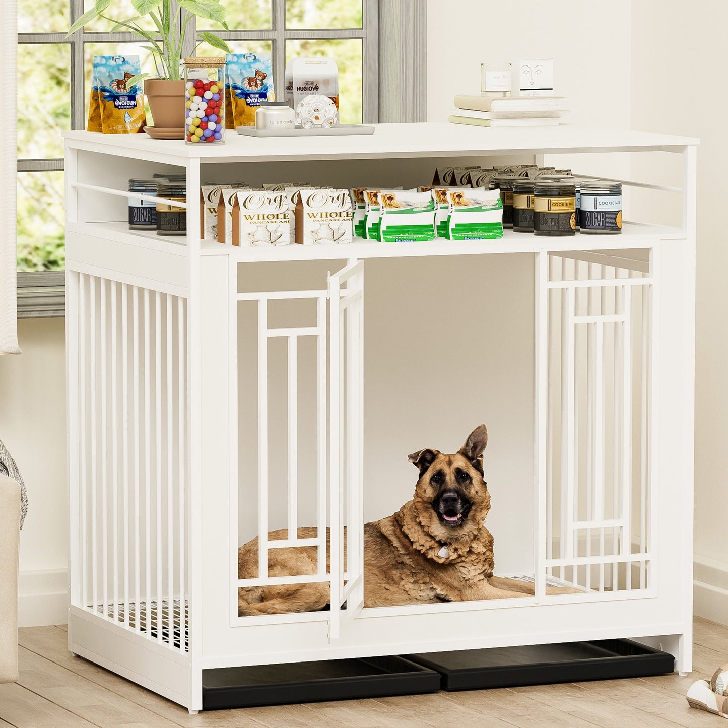 White Wooden Dog Crate Furniture | 43" End Table Kennel with Drawers