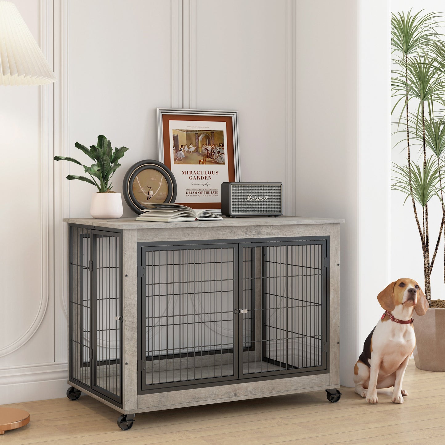 38" Grey Furniture Style Dog Crate on Wheels | Double Door Kennel Table