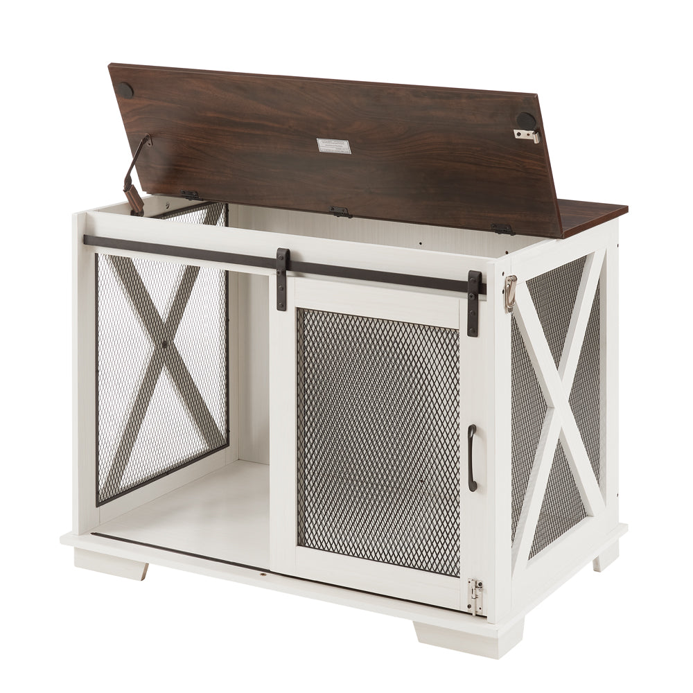 Farmhouse Dog Crate Furniture with Barn Door | Wooden Kennel End Table