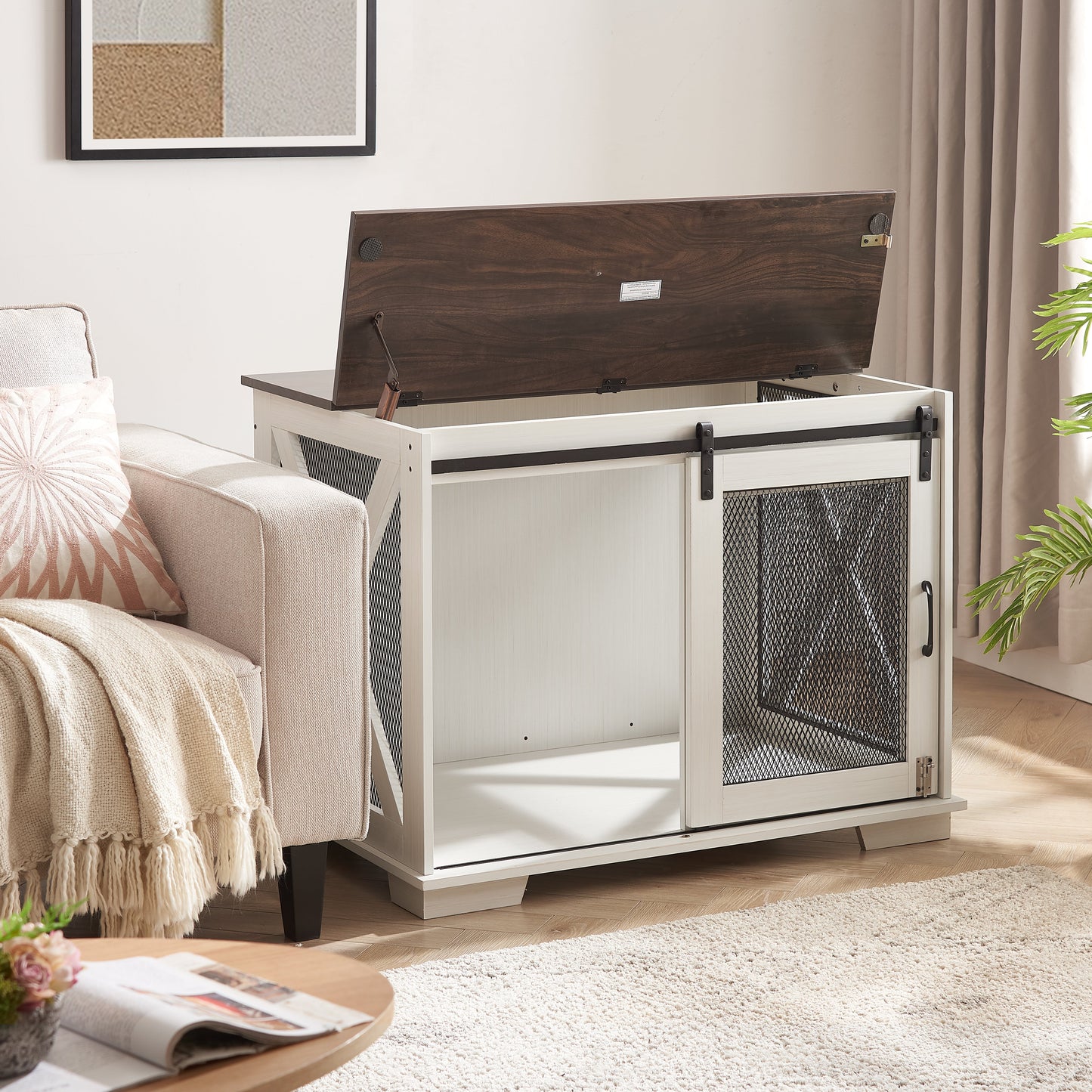 Farmhouse Dog Crate Furniture with Barn Door | Wooden Kennel End Table