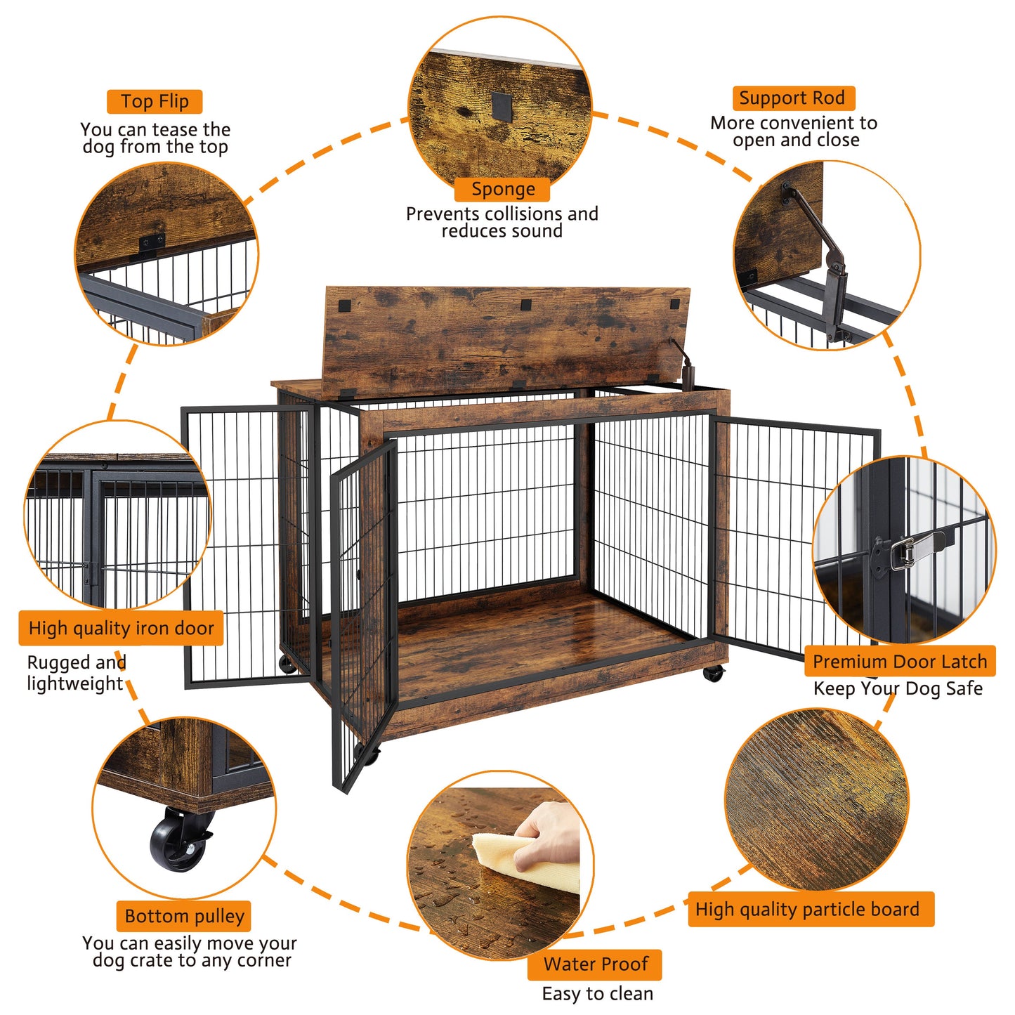 44" Heavy Duty Dog Crate Furniture with Wheels | Double Storage Kennel (Brown)
