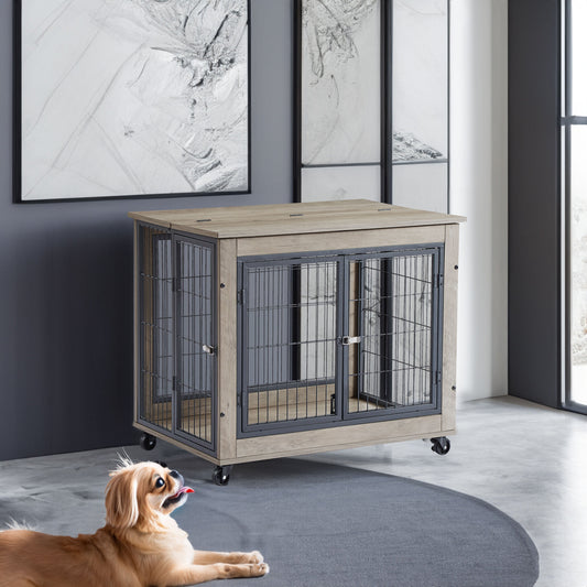 Furniture Style Dog Crate | Rolling 31.5" Indoor Kennel with Lift Top