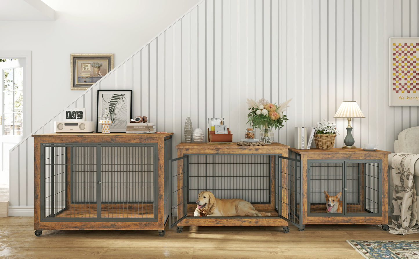 44" Heavy Duty Dog Crate Furniture with Wheels | Double Storage Kennel (Brown)