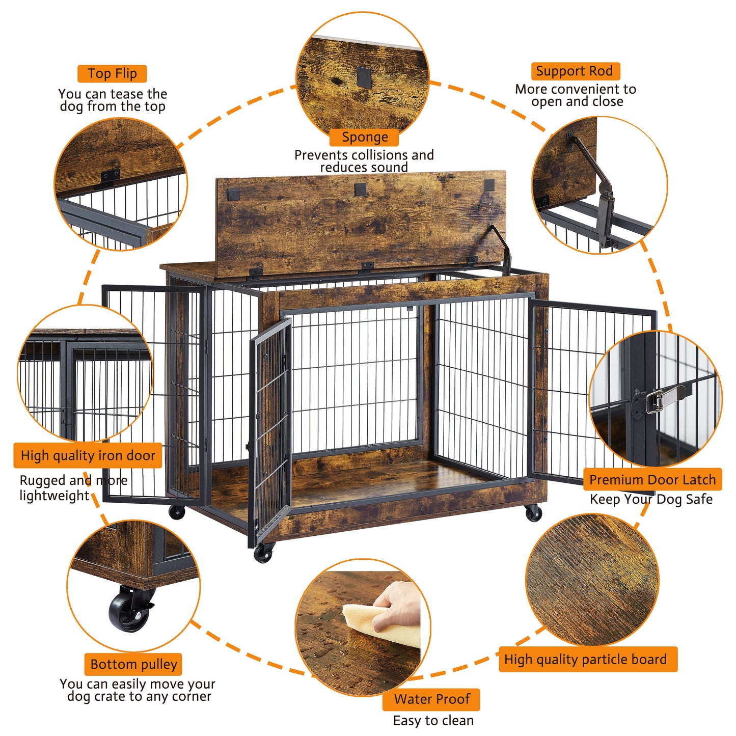 Furniture Dog Crate Side Table on Casters | Double Door Lift Top Kennel