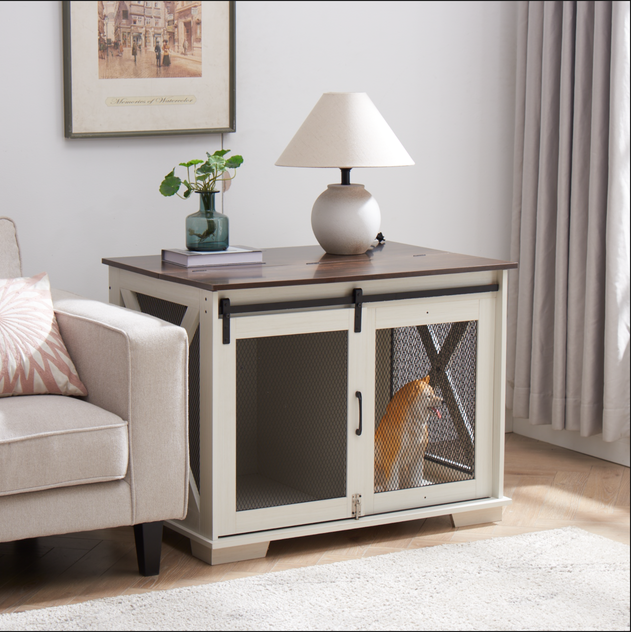 Farmhouse Dog Crate Furniture with Barn Door | Wooden Kennel End Table