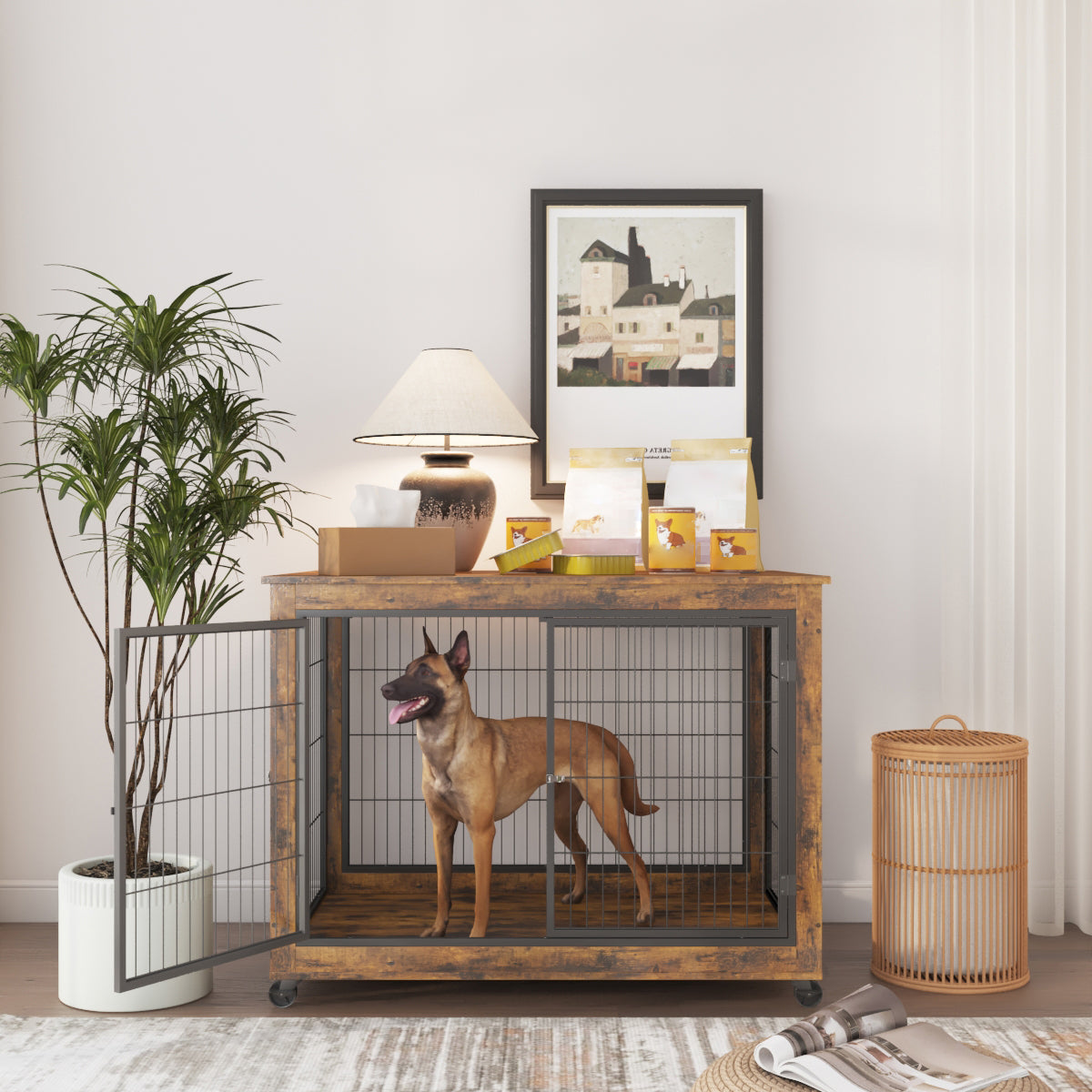 44" Heavy Duty Dog Crate Furniture with Wheels | Double Storage Kennel (Brown)