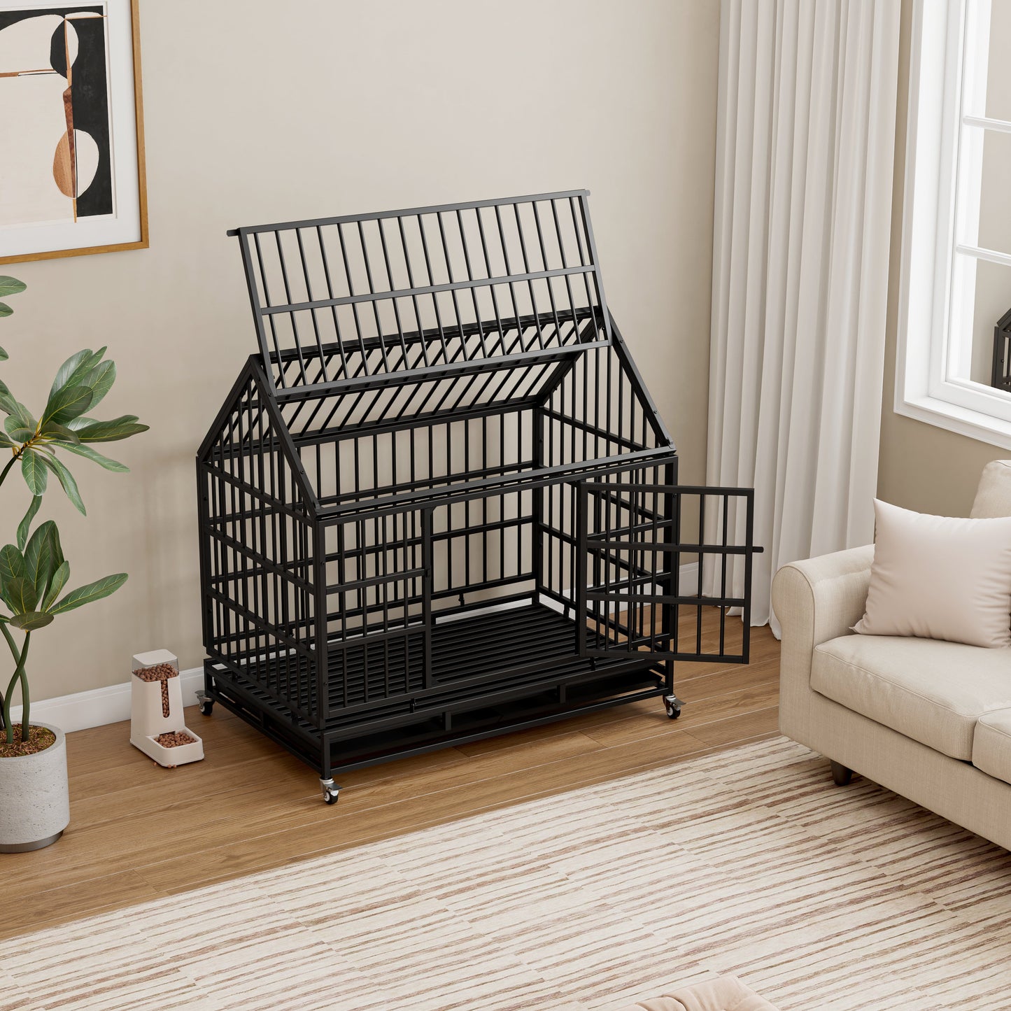 Heavy Duty Dog Crate with Wheels, 48 in Folding Metal, Black