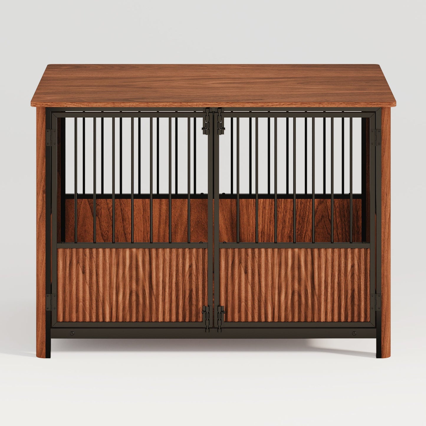 43" Walnut Fluted Wood Dog Crate Furniture | Double Door Pet Kennel