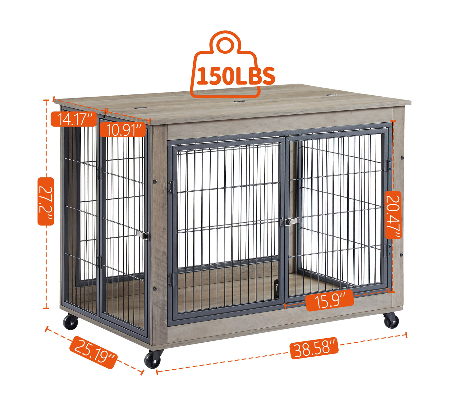 38" Grey Furniture Style Dog Crate on Wheels | Double Door Kennel Table