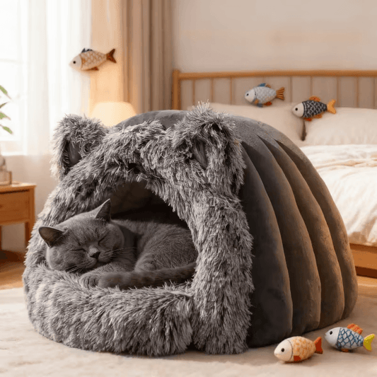 Winter Warm Cat Cave, Windproof Plush Pet Igloo | Thermal Insulation