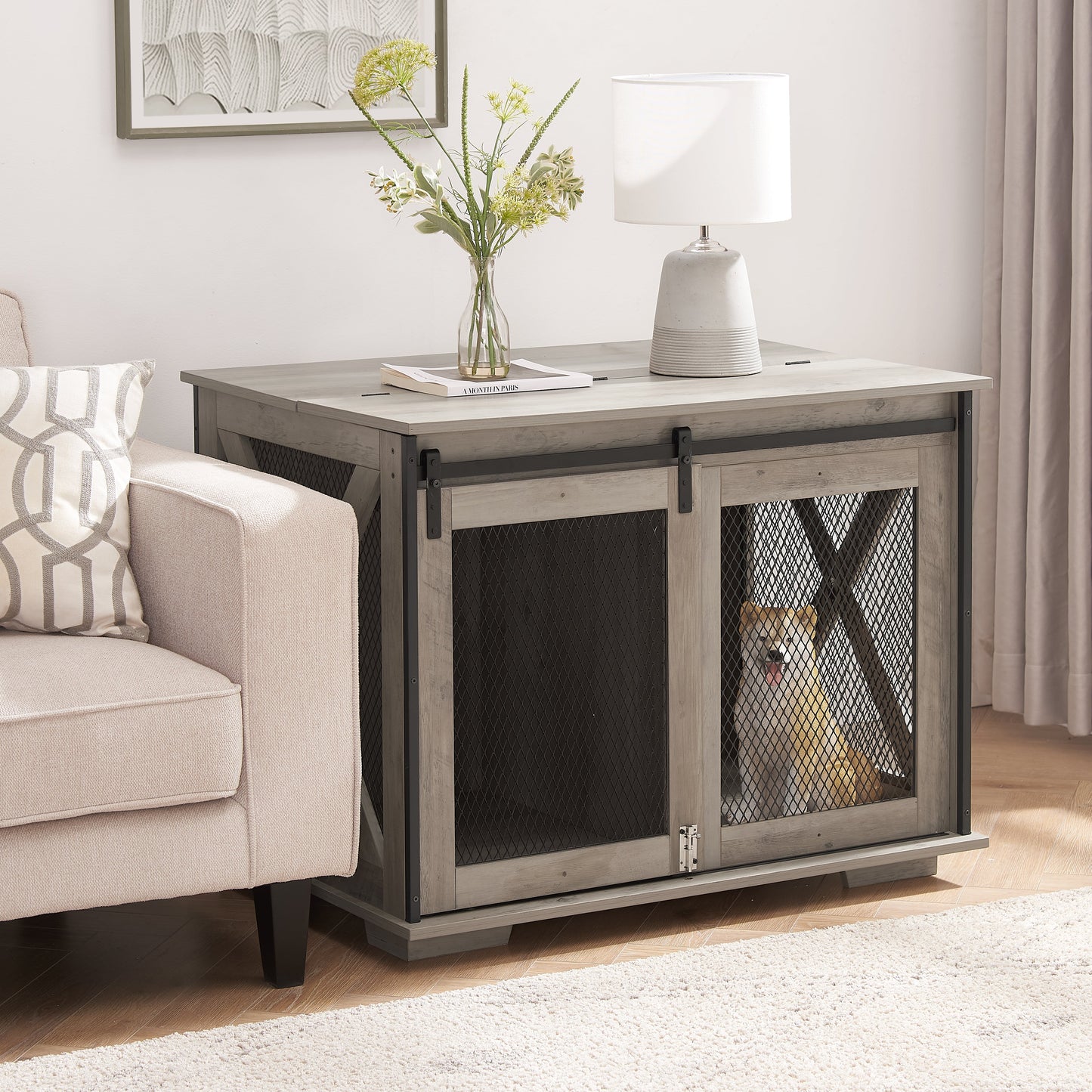 Furniture Style Dog Crate End Table | Double Door Indoor Kennel with Wheels