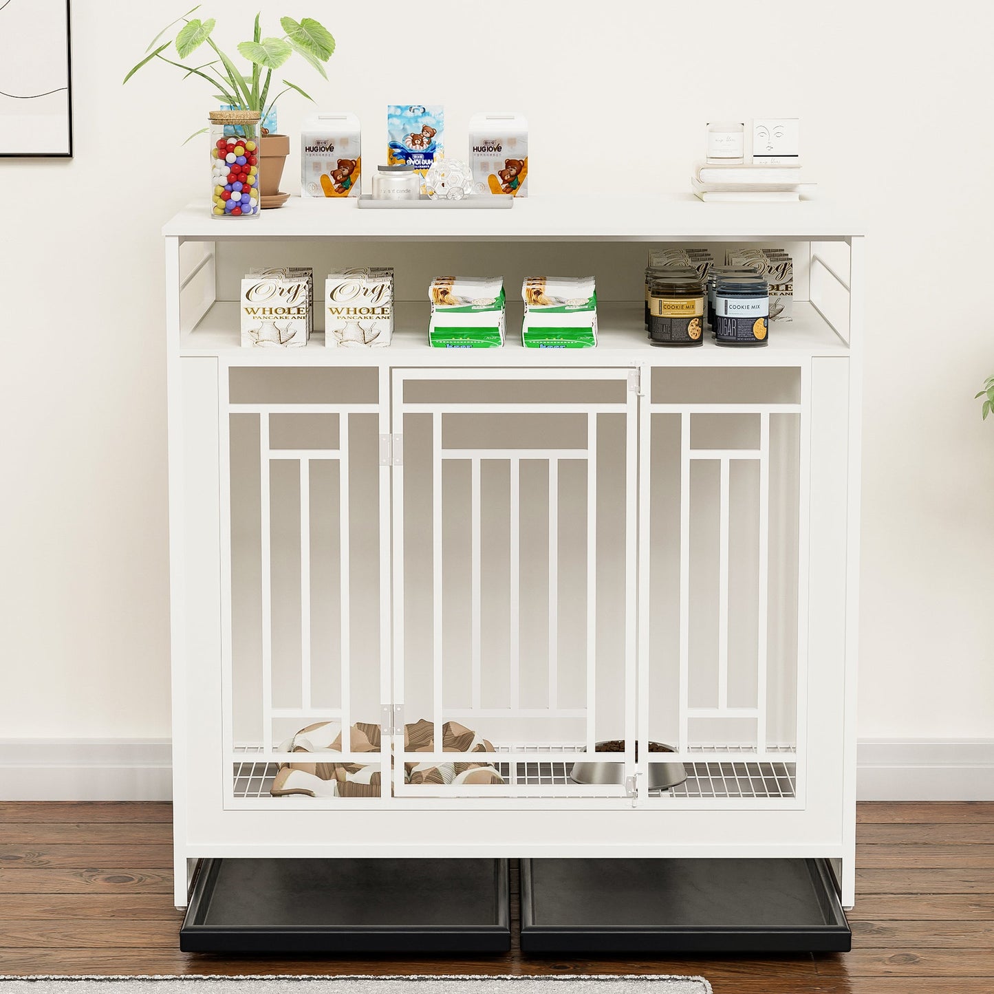 White Wooden Dog Crate Furniture | 43" End Table Kennel with Drawers