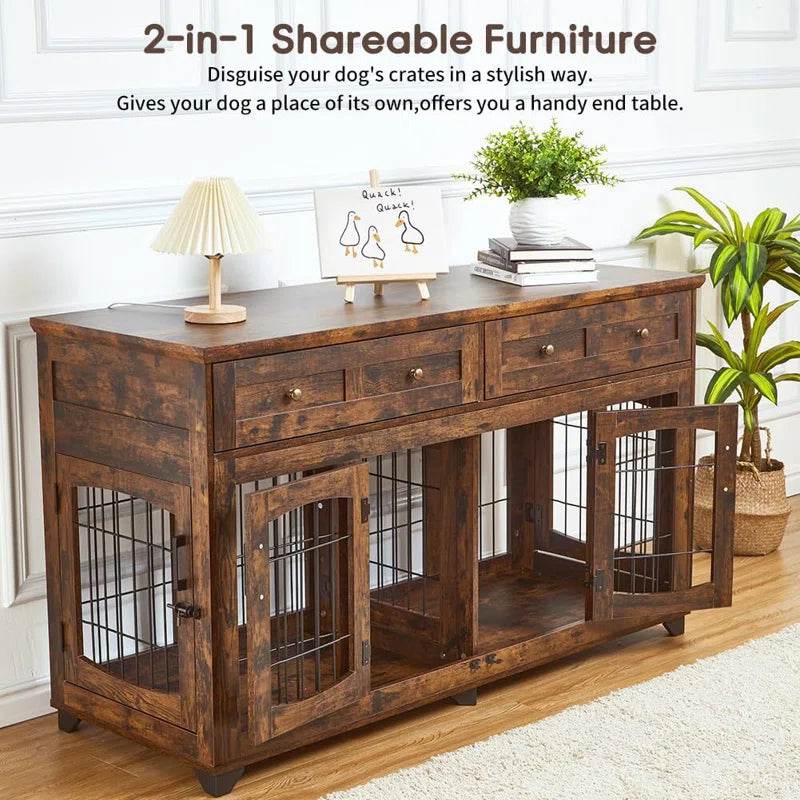 Dog Crate Furniture with Openable Partition | Double Door Wooden End Table Kennel with Drawers & Divider