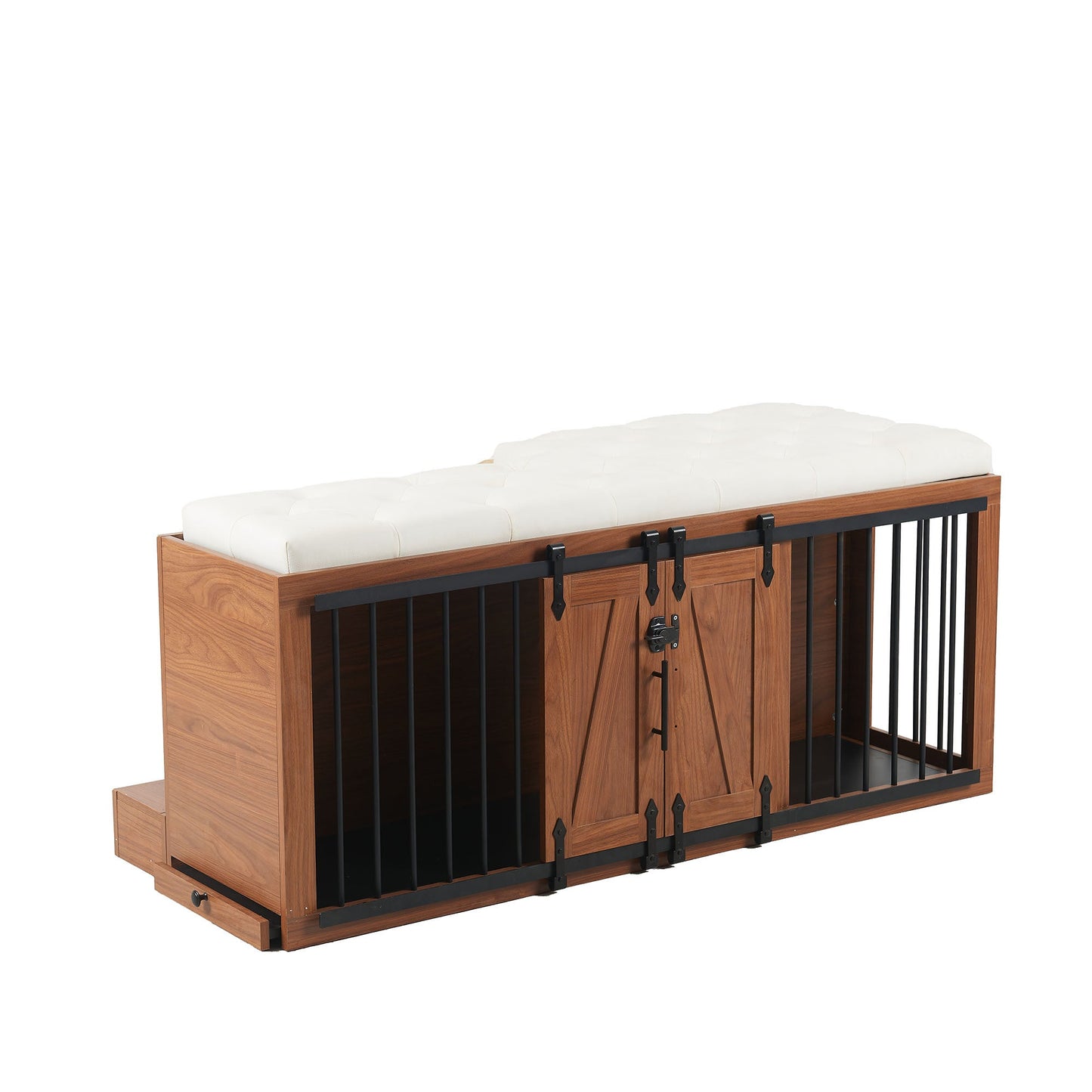 56" Furniture Style Dog Crate with Bench | Sliding Barn Door Kennel (Walnut)
