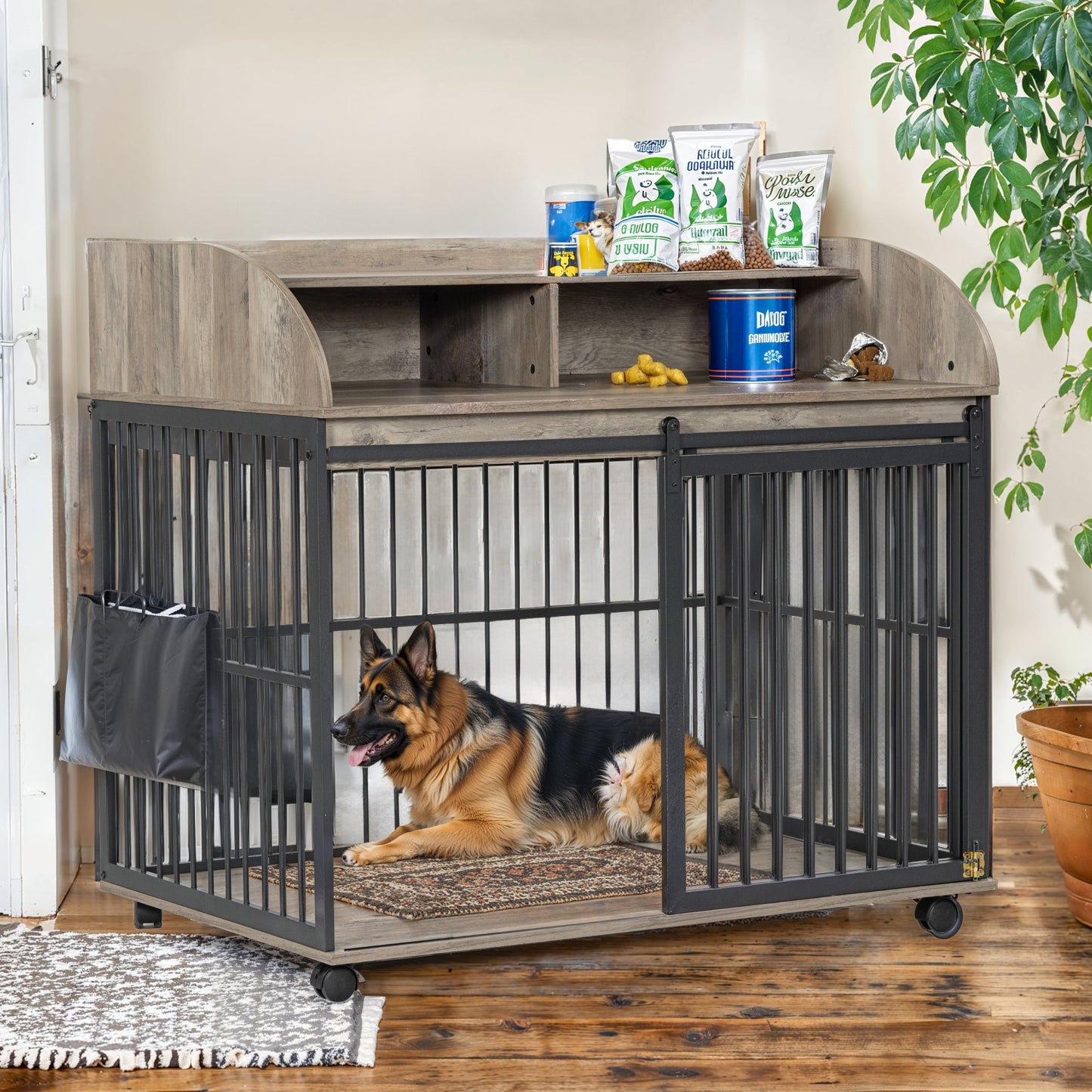 44" Heavy Duty Dog Crate Furniture with Wheels | Double Storage Pet Kennel (Gray)