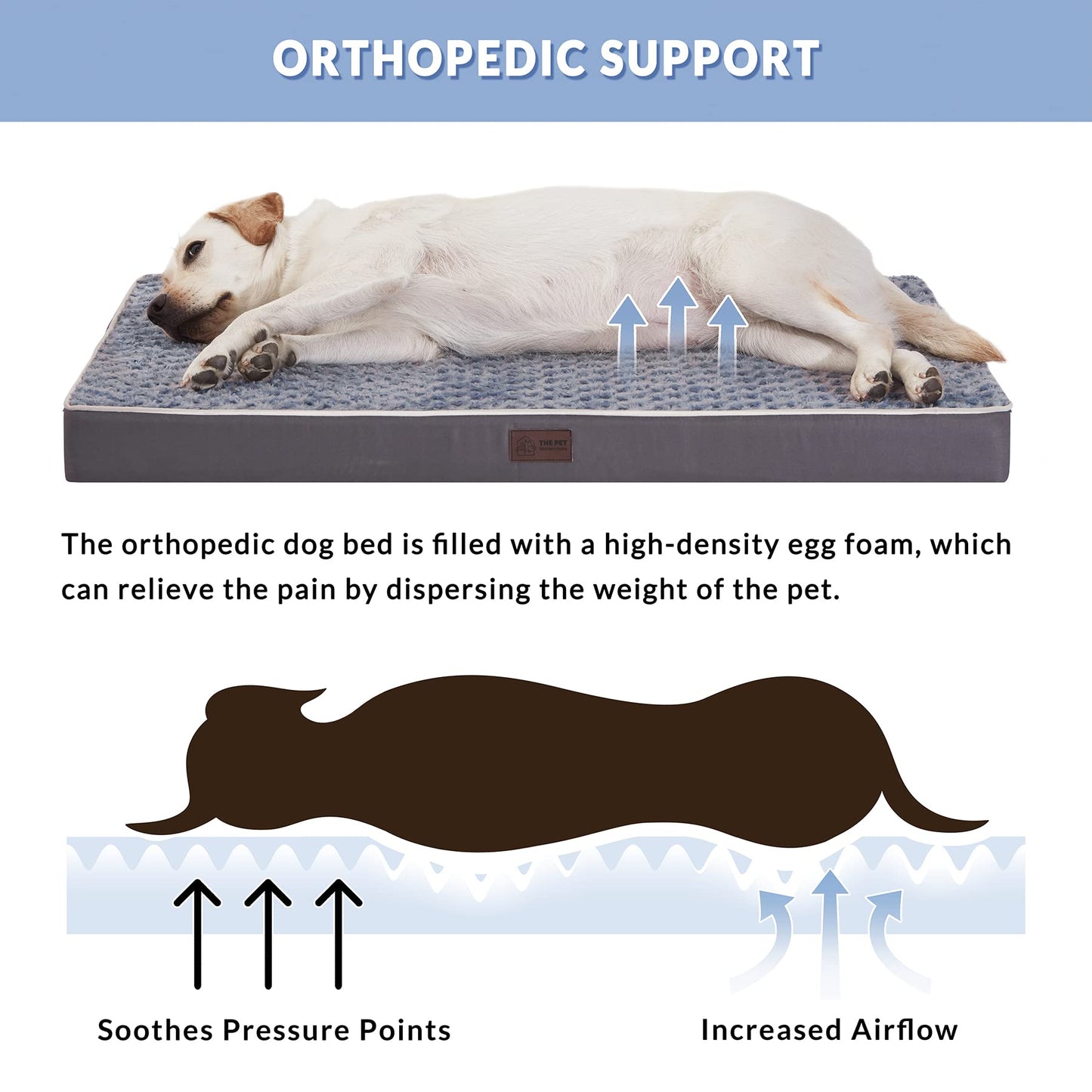 Large Dog Sofa Bed | 42x30 Orthopedic Egg-Crate Pet Mat with Waterproof Lining (Grey)