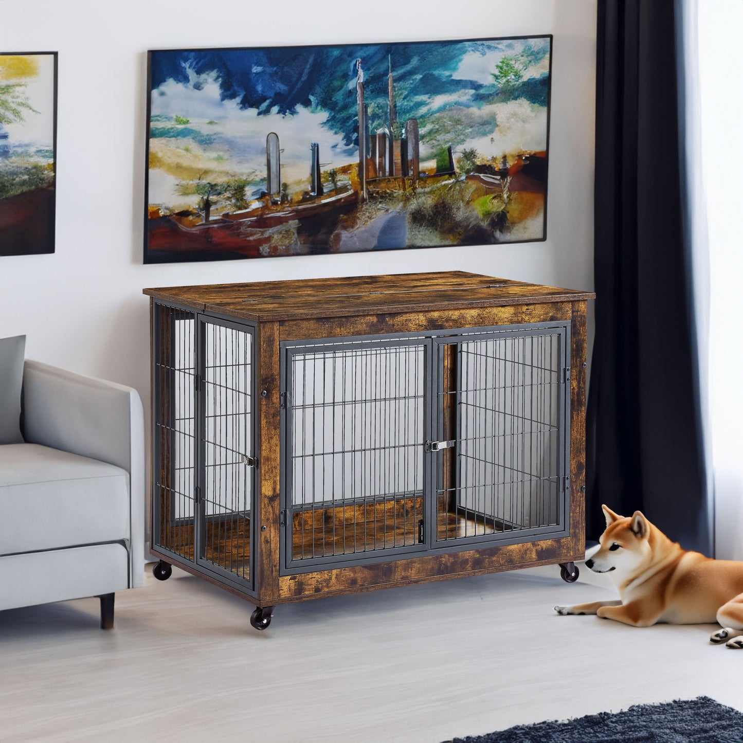 Furniture Dog Crate Side Table on Casters | Double Door Lift Top Kennel