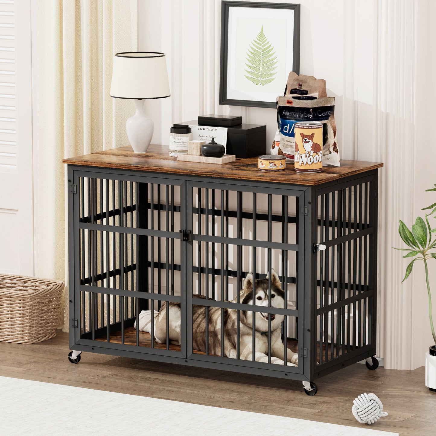 43" Furniture Style Dog Crate | Rustic Brown Dog Crate End Table on Wheels