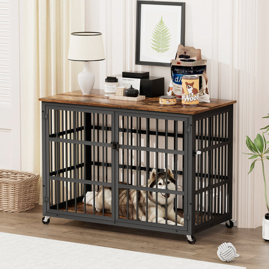 43" Furniture Style Dog Crate | Rustic Brown Dog Crate End Table on Wheels