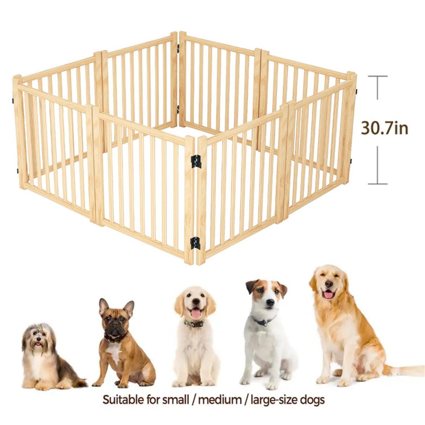 Freestanding Wooden Dog Gate | 8-Panel Foldable Indoor Pet Fence (No Assembly)