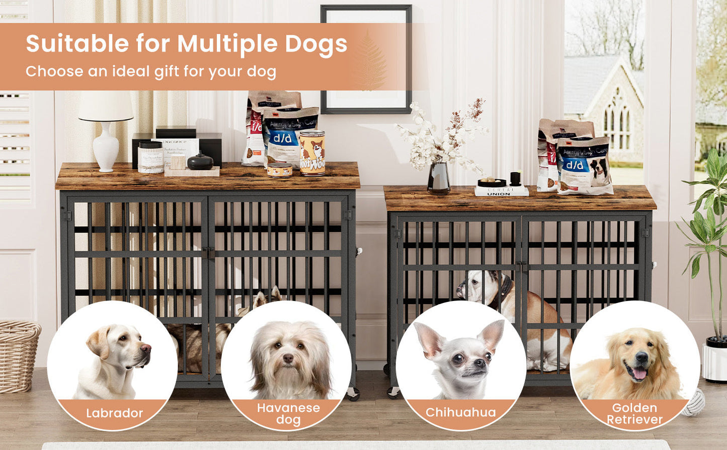 43" Furniture Style Dog Crate | Rustic Brown Dog Crate End Table on Wheels