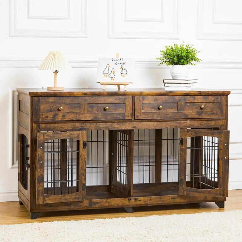 Dog Crate Furniture with Openable Partition | Double Door Wooden End Table Kennel with Drawers & Divider