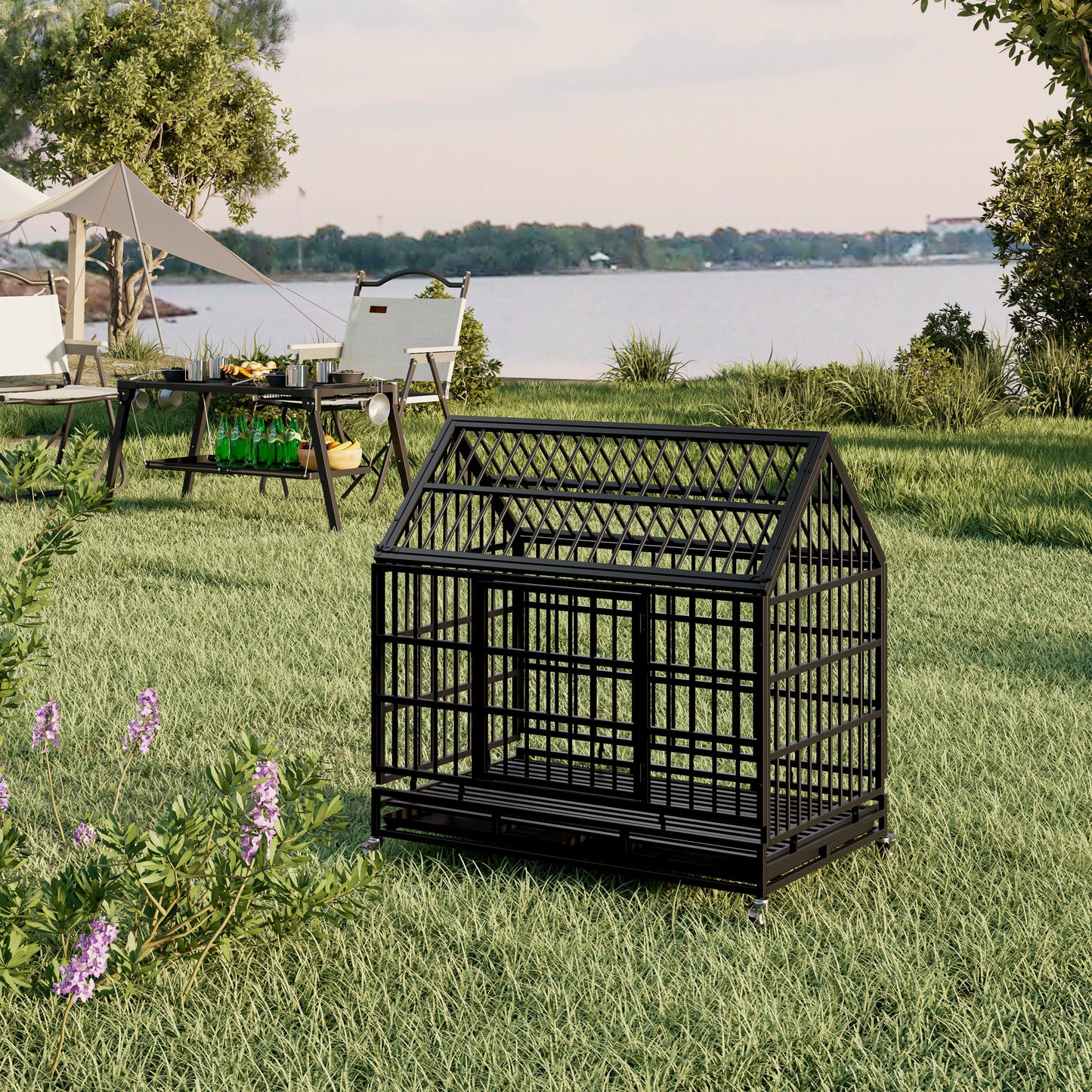 Heavy Duty Dog Crate with Wheels, 48 in Folding Metal, Black