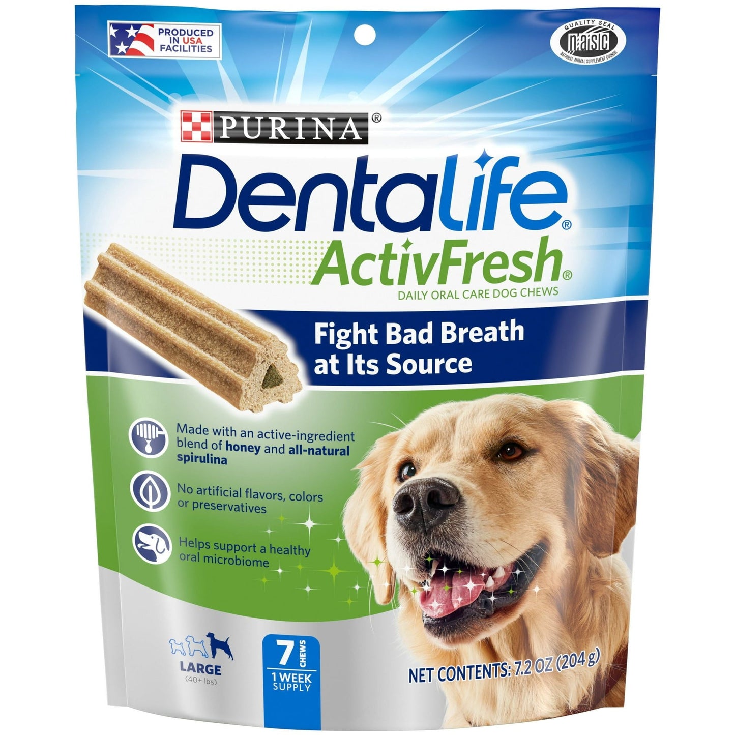 Purina DentaLife ActivFresh Large Dog Dental Chews – 7 ct Honey & Spirulina