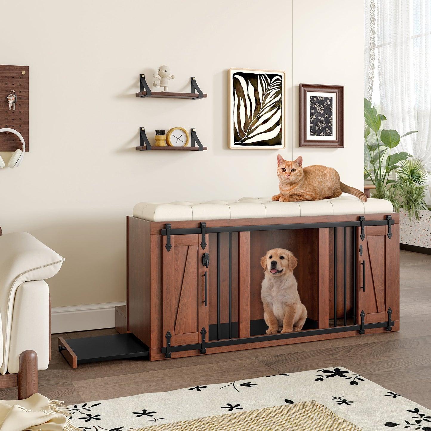 56" Furniture Style Dog Crate with Bench | Sliding Barn Door Kennel (Walnut)