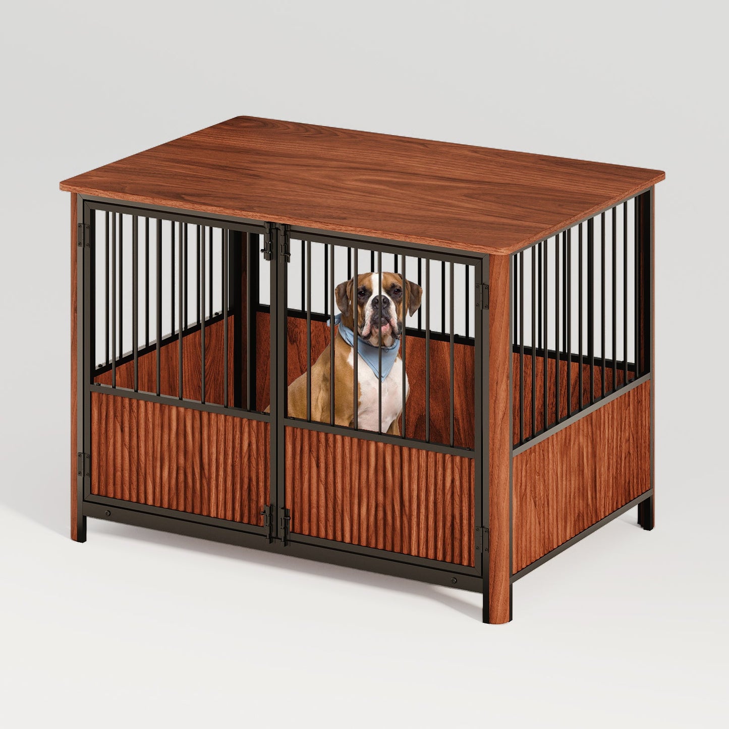 43" Walnut Fluted Wood Dog Crate Furniture | Double Door Pet Kennel
