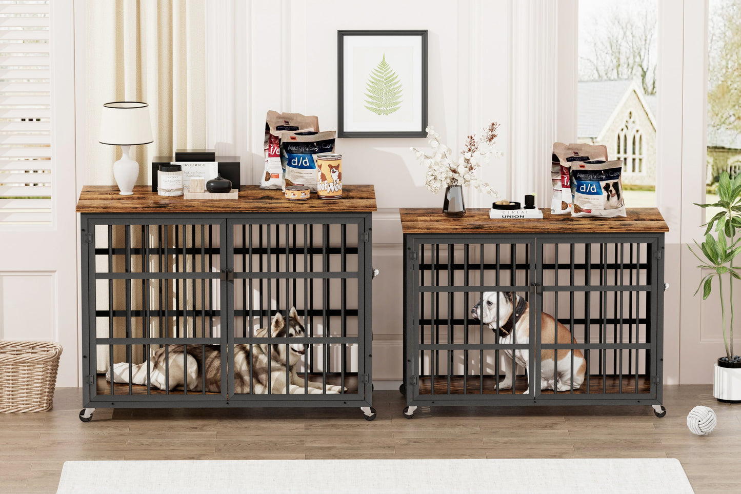 43" Furniture Style Dog Crate | Rustic Brown Dog Crate End Table on Wheels