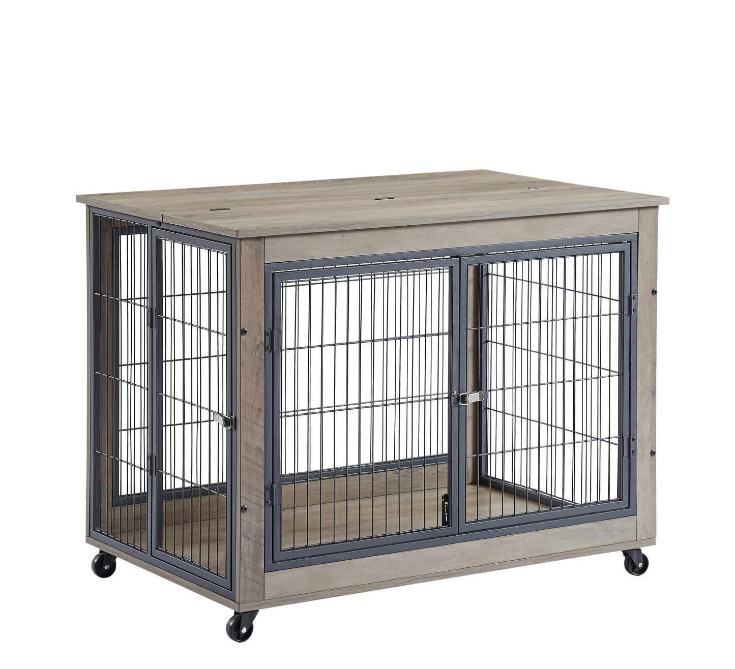 38" Grey Furniture Style Dog Crate on Wheels | Double Door Kennel Table