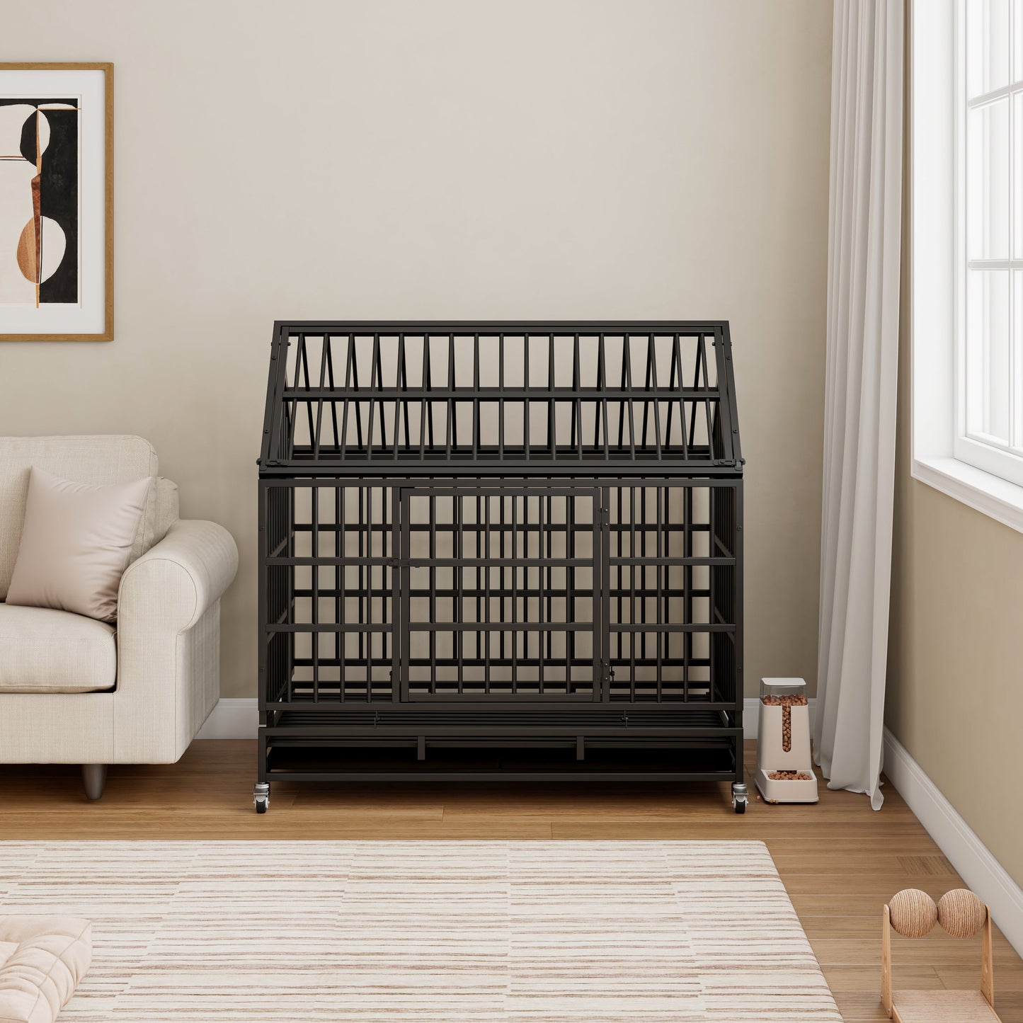 Heavy Duty Dog Crate with Wheels, 48 in Folding Metal, Black