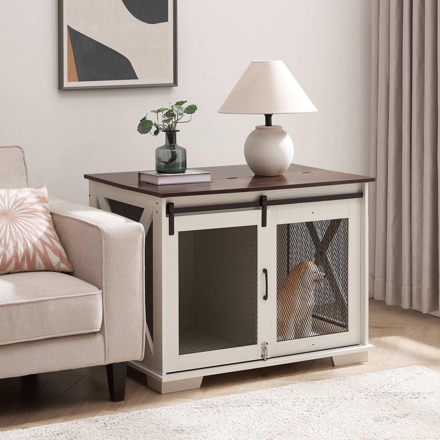 Farmhouse Dog Crate Furniture with Barn Door | Wooden Kennel End Table