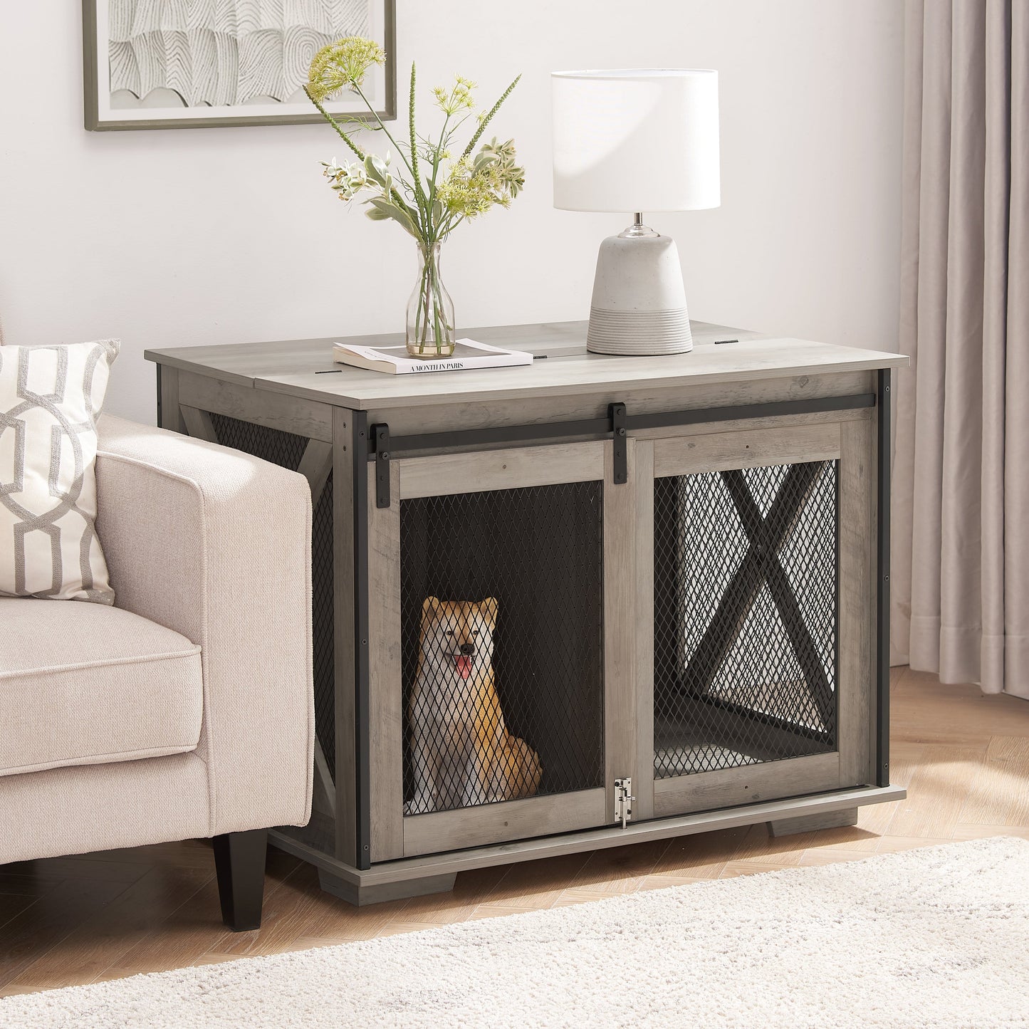 Farmhouse Dog Cage Crate Furniture | Sliding Barn Door Kennel